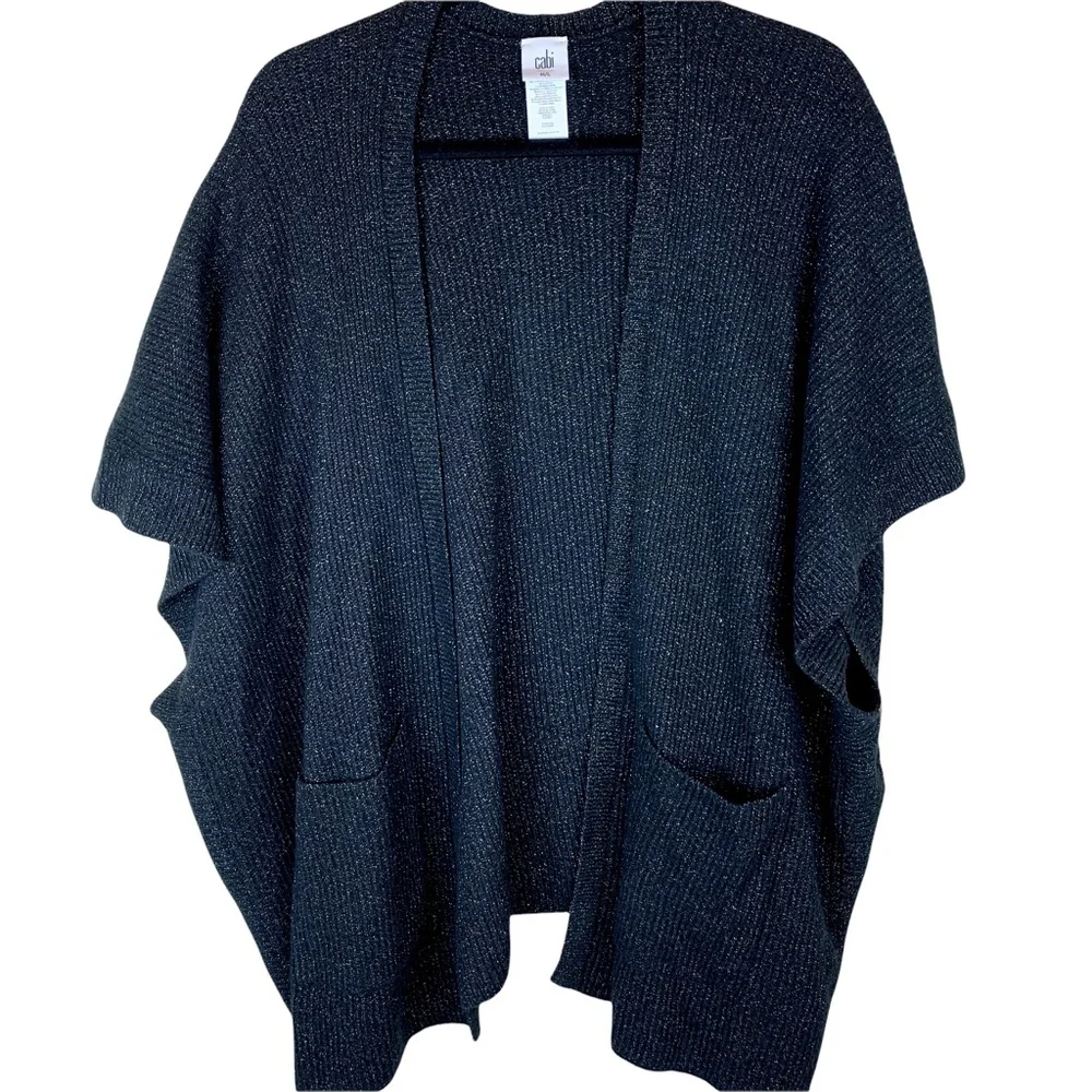CAbi Luxury Poncho Wrap Cardigan Sweater Black Ribbed Glitter M/ L Style 4064 - Picture 6 of 11